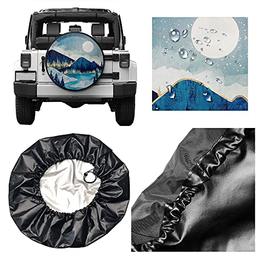 Image of Blue Gold Spare Tire Cover Mountain Tree Star Wheel Cover 15 Inch | Black,Polyester,Protectors Tire Cover,Waterproof,Dust-Proof,Universal,Fit for RV Jeep SUV Motor Travel Camper Tires
