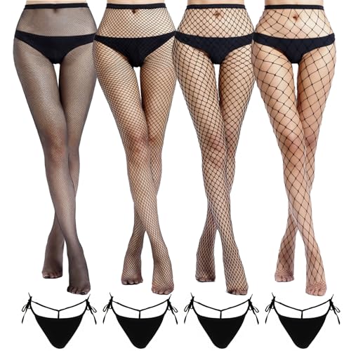 Kotashion 4Pcs Damen Sexy Strümpfe Netzstrumpfhose Schwarz Fishnet + Schnür String ，Damen Strumpfhosen,Mode Netzstrümpfe mit Hoher...