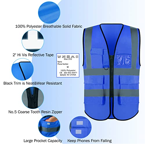 New Olym High Visibility Reflective Safety Vest With 5 Pockets And Zipper Safety Vest For Men & Women Class 3 Blue M #TOP2