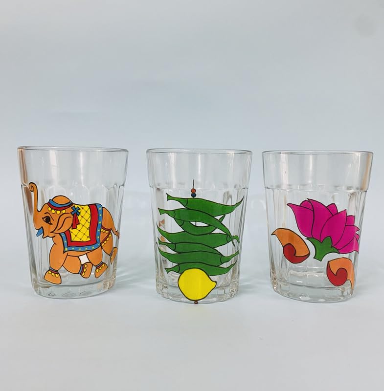TOPSYTURVY Hand Crafted & Hand Designed Tapri Tea and Coffee Style Glass (Set of 6, 90ml Each) | Colourful Design Tapri Style Kulhad Cups | Cutting Chai Glasses Set 2
