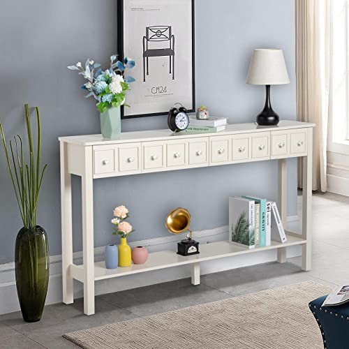 Royard Oaktree Console Table Extra Long Entryway Table With 4 Drawers And Storage Shelf Retro Accent Sofa Table For Living Room,Entryway,Hallway,Antique White #TOP2