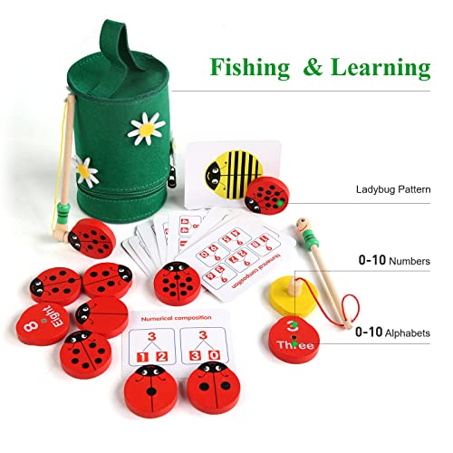 Image of WODI Wooden Counting Ladybugs 0-10 Alphabets & Numbers Sorting Montessori Educational Toys for Toddlers Girls&Boys 3+ Learning to Count Cards Matching Painted Ladybug Toy