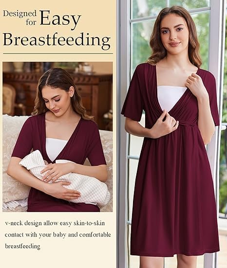 ELESOL Labor and Delivery Gown for Hospital Short Sleeve Maternity Nursing Dress Nightgown with Button S-XXL
