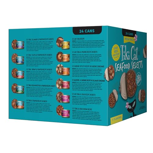 Image of Tiki Cat Wet Cat Food Mega Pack, Seafood Selects, 2.8 /3 oz. Cans (24 Count) | Wet Cat Food, Real Fish Flavors, High Protein, Moisture-Rich for Hydration, With Pumpkin for Digestion, Mega Pack, 24 Pack