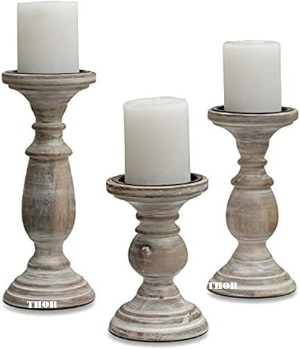 Vista 4 de WSH - Juego de 3 portavelas de madera para velas de pilar, columnas torneadas redondeadas, maderas sostenibles, velas de aromaterapia