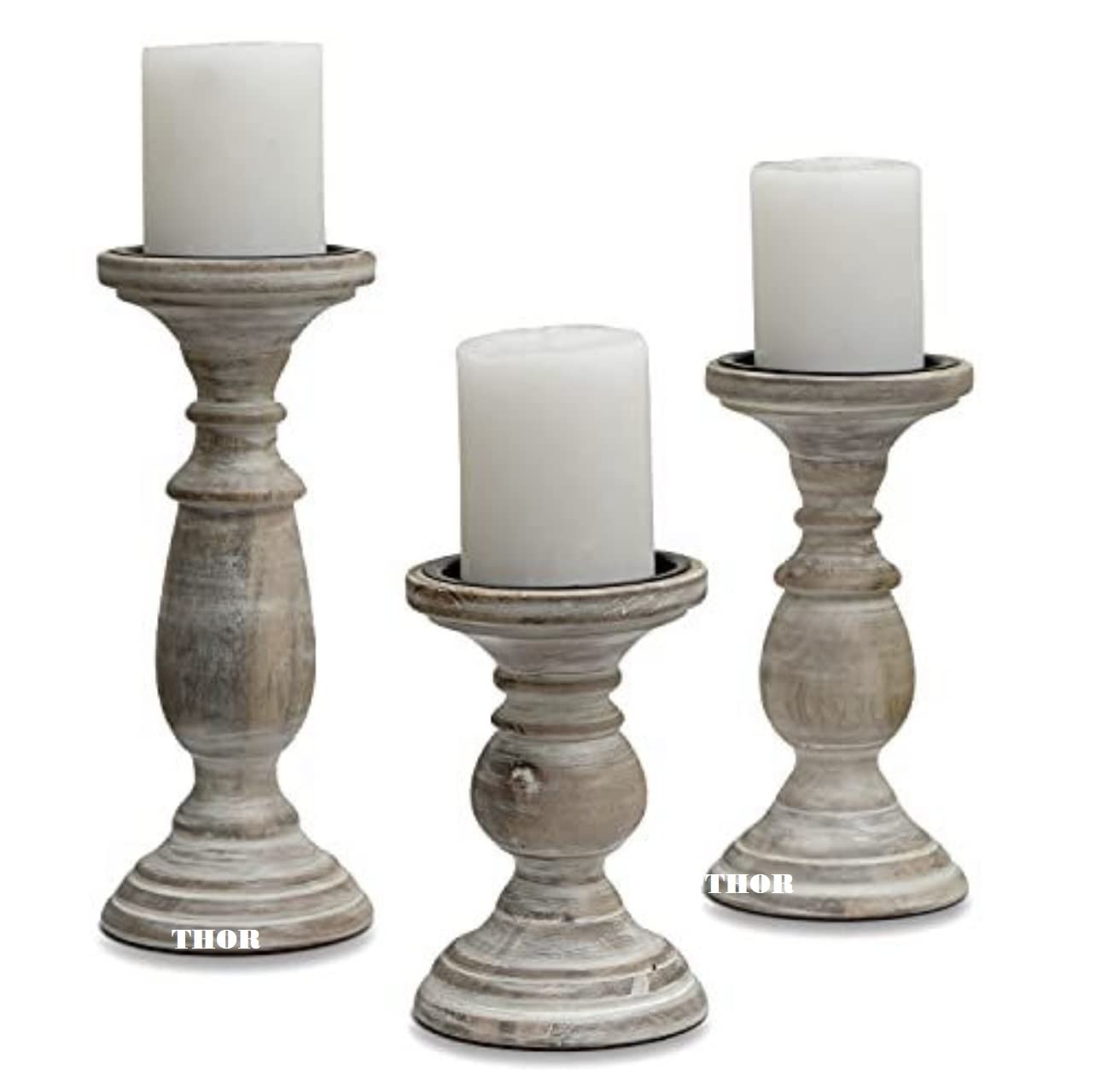 WSH Set Di 3 Portacandele In Legno Tornito Per Candele A Colonna - Altezze 16.8 E 25.4 Cm, Stile Country, Per Aromaterapia E Decorazione