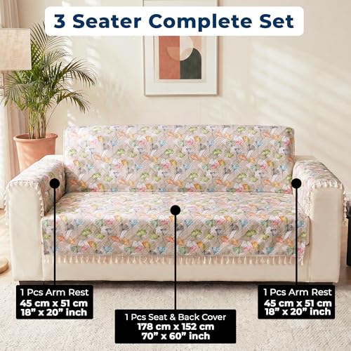 Image of Story@Home Quilted Printed Velvet Sofa Cover with Tassels for 3 Seater |Full Protection for Sofa Seat, Back & Arms | Anti Slip 3 Seater Sofa Mat with 2 Armrest Cover - White & Multi Color