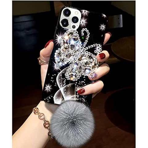 VAOXTY Compatible with iPhone 14 Case Bling Glitter 3D Diamond Rhinestone Butterfly Girly Case Cute for Women Girls Sparkle Shiny Luxury Crystal with Plush Fuzzy Furry Ball Phone Case Gray Cover