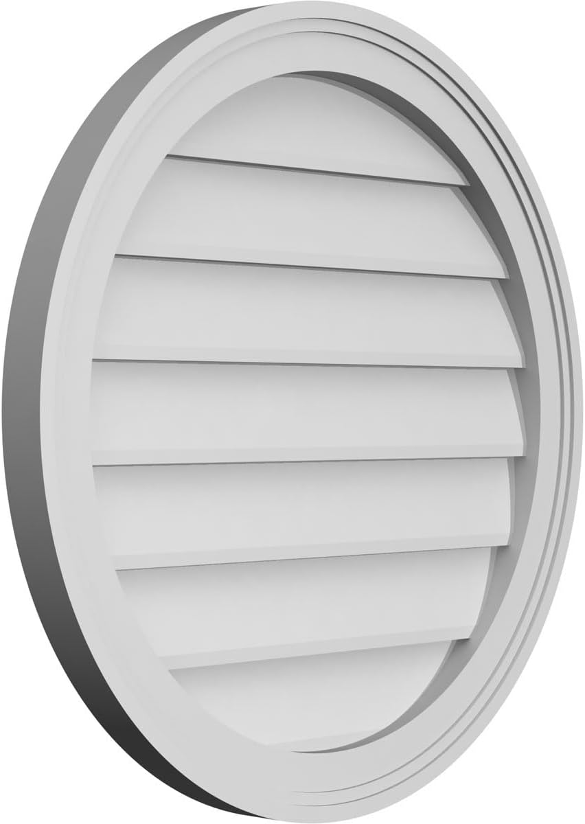 24"W x 24"H Round Surface Mount Signature Urethane Gable Vent: Non-Functional, w/ 2"W x 1-1/2"P Brickmould Frame, Primed Tan