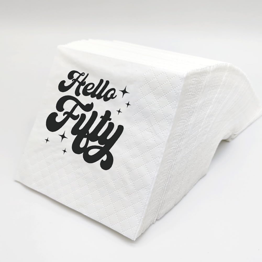 SharkBliss 50th Birthday Cocktail Napkins, 100 Pack Hello Fifty Birthday Party Disposable Beverage Bar Paper Cocktail Napkins For His Her Fifty Birthday 2-Ply, 5x5
