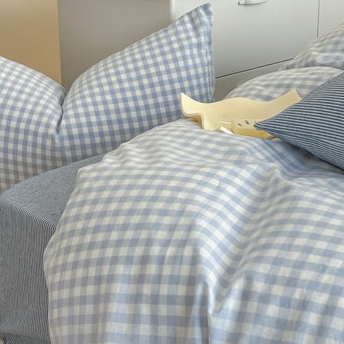 Covebett Juego de ropa de cama a cuadros de 135 x 200 cm, microfibra lavada, 2 piezas, diseño moderno de cuadros blanco y azul, funda nórdica con cremallera y funda de almohada de 80 x 80 cm - imagen 6