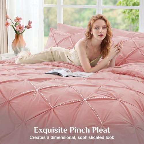 JOLLYVOGUE Full Size Comforter Sets 7 Pieces - Bed in a Bag Full for All Season, Pintuck Bedding Comforter Sets with Comforter, Flat Sheet, Fitted Sheet and Pillowcases & Shams, Pink by JOLLYVOGUE - Image 2