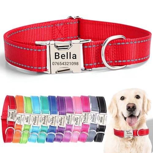 SEOUGEE Personalised Dog Collar with Engraved Metal Buckle, Reflective Nylon Collars for Small Medium Large Dogs with Custom Name Plate Phone Number (Red, M:Neck 35-50cm,Width 2cm)