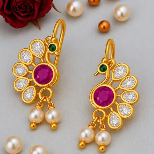 Image of VAMA FASHIONS 18K Gold Plated Anti Tarnish Half Moon Peacock Shape Traditional Maharashtrian Press on Bugadi Upper Ear Clip on Earrings For Women & Girls