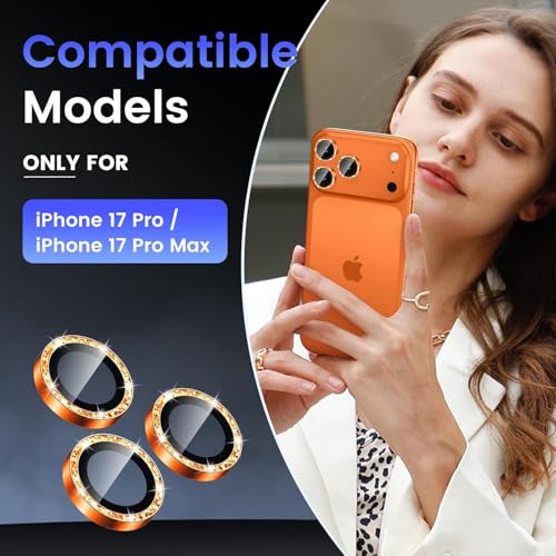 Image of CLITZ Camera Lens Protector Compatible for iPhone 17 Pro Max /17 Pro, Metal Aluminum Alloy Tempered Glass Cover Camera Screen Protector Accessories, Case Friendly Orange Glitter