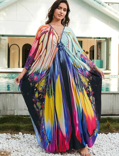 Image of KECVOT Kaftan Dresses for Women Plus Size Batwing Sleeve Caftans Long Bathing Suit Cover Up Maxi Beach Dress Loungewear