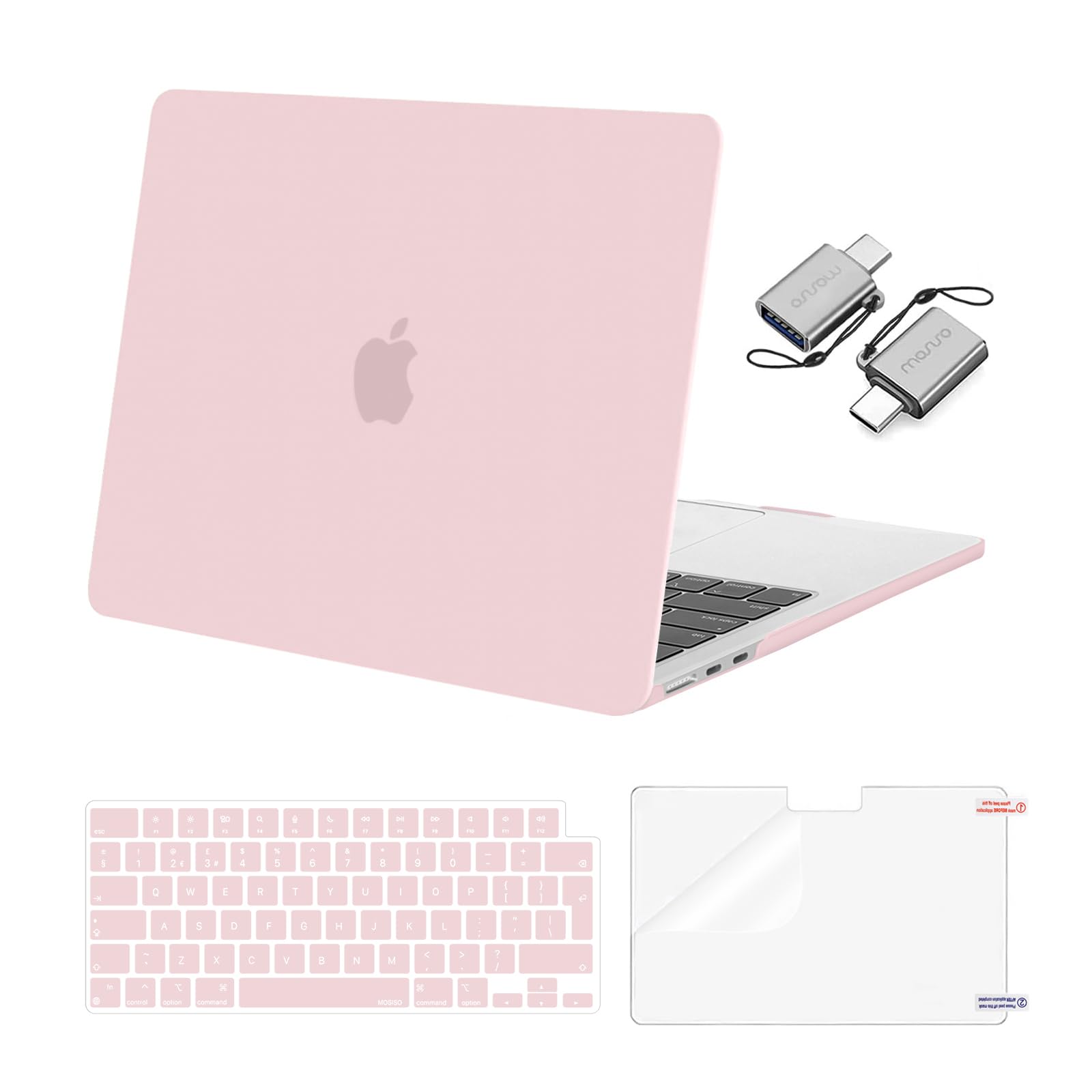 MOSISO Compatible with MacBook Air 13 inch Case M4 M3 M2 2025 2024 2023 2022 A3240 A3113 A2681, Hard Shell for MacBook Air 13.6 inch Case &Keyboard Cover&Screen Film&Type C Adapter, Baby Pink