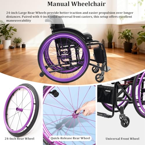 Image of Lightweight Wheelchair for Adults, Portable Folding Sports Chair, Self-propelled, Aluminum Alloy, with Handbrakes & Anti-Tip Wheels(Black,16.9in Seat Width)