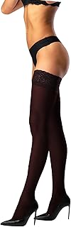 JUST BEAUTY TOUCH Opaque Hold Up Thigh High Stockings, Floral Lace Top with Double Silicone Band, 60 Denier Women\'s Lace-Top Stockings