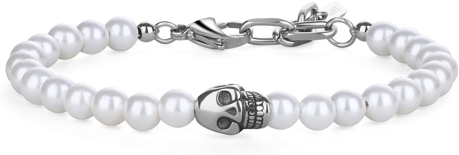 GAVU 6mm Skull Bracelet Beaded Bracelet for Men, Onyx/Turquoise/Pearl Bracelet for Men