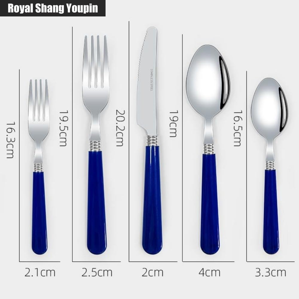 Manico in Plastica Spessa Cucina Acciaio Inox Argenteria Stoviglie Posate Set Bistecca Coltello Forchetta Cucchiaio Da Tè (Blu,20 pezzi)