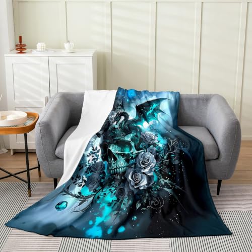 Castle Fairy Watercolor Skull Flannel Blanket Dragon Rose Kids Girls Boys Adult Blankets Floral Fantasy Gothic Living Room Decor Lightweight Fleece Blanket Room Decor 90"x90"Skull Blue