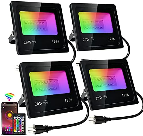 LED Flood Light Outdoor, 20W RGB FloodLights, APP&Remote Control Party Lights Stage Lighting, 2700K & 16 Million Colors & Timing & Music Sync, IP66 Waterproof Uplights for Garden Party (4 Pack)