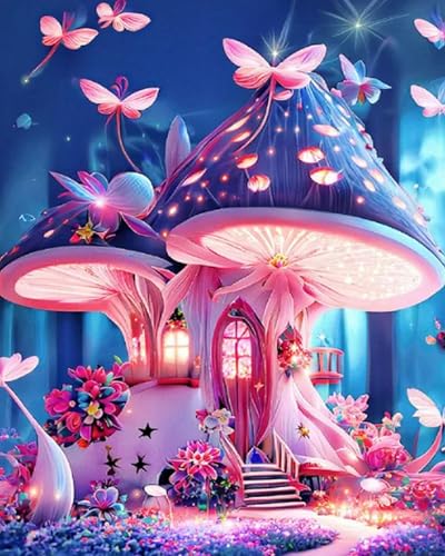 Xpdnmilq Kit de pintura de diamante 5D para niños y adultos, kit de decoración de pared para el hogar, hermosa casa de hongos, 40 x 50 cm