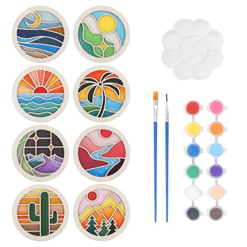 Temlum Wooden Coasters Painting Kit Paint You Own Coaster Wooden Painting Craft Kit for Adults and Beginners Art Craft Supplies (Landscape)