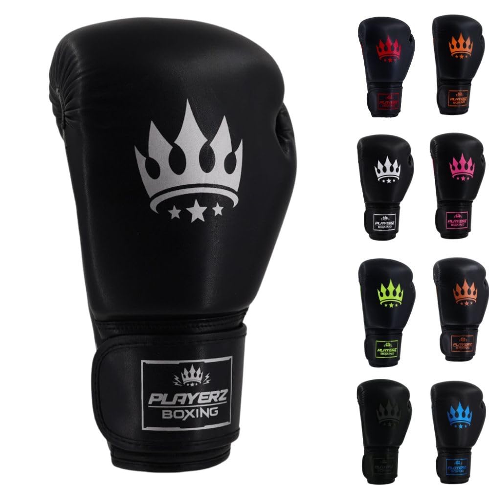 Playerz Element Adult Boxing Gloves – Premium, High-Performance Training Gloves for Boxing, Muay Thai, and Kickboxing – Superior Comfort and Protection for Men and Women (Black/Silver, 14oz)