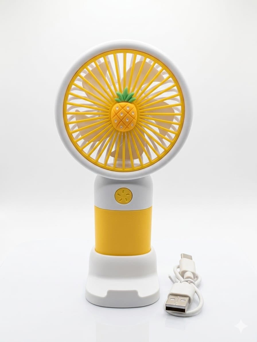 Portable USB Rechargeable Handheld Fan for Kids & Adults | Mini Desk Fan with Stand | Cute Fruit Design Personal Cooling Fan | Lightweight, Low Noise, 3-Speed Airflow | Assorted Colors (Yellow)-image-31