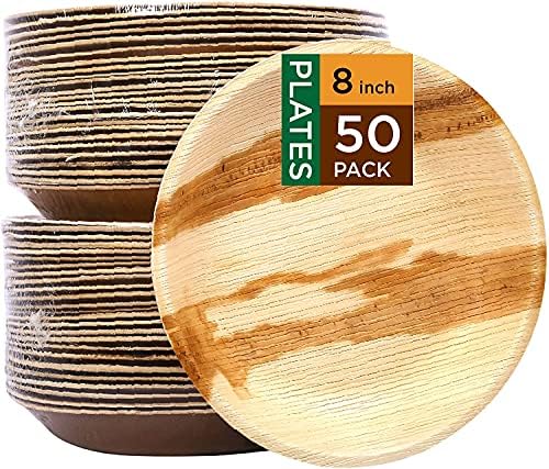 Palm Leaf Plates with Wooden Cutlery [200 Pack - 50pcs 24cm Plates, 50 Forks, 50 Spoons, 50 Knives] Disposable Wooden Biodegradable Paper Plates for Party, Wedding