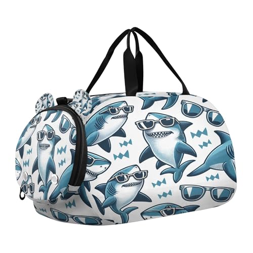 Cute Shark Kids Overnight Sports Duffel Bags with Shoe Compartment & Wet Pocket Travel Sport Gym Bag for Girls Boys