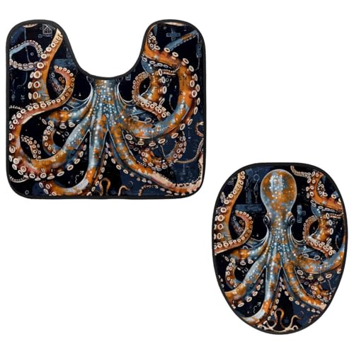 MUOOUM Toilet Lid Cover and U-Shaped Toilet Floor Mat Set of 2 Pieces, Octopus Anchors Painting Toilet Mat Set, Machine Washable Seat Covers Non-Slip Absorbent Rugs