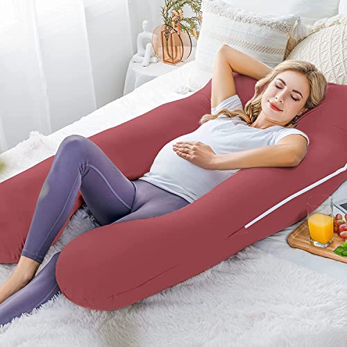 Image of U-Shaped Sleeping Pregnancy Pillow| Removable Washable Cotton Cover with Zipper| PregnoCare Fibres| Maternity, Nursing| Full Body Soft Support Bump, Head, Back, Shoulder, Hips, Legs and Belly (Red)