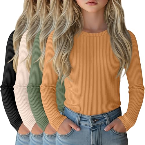 Image of 4 Pack Girls Long Sleeve Shirts Ribbed Knit Cotton Crewneck Tops Slim Fit Soft Casual Kids Base Layer Undershirts