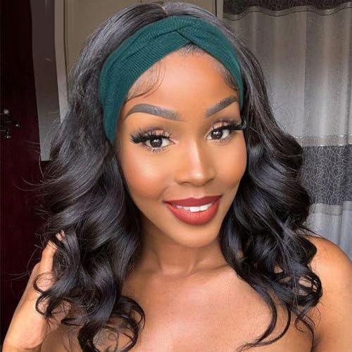 LEOSA Wavy Bob Headband Wigs for Black Women Short Natural Black 14Inch