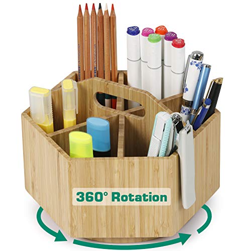 Rotating Bamboo Art Supply Organizer - Darfoo Colored Pencil Holder, Spinning Desk Organzier with Handle for Pen, Pencil, Marker, Crayon, Craft and Office Supplies