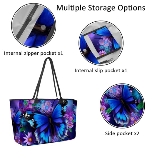 Large Beach Bag for Women, Blue Butterfly Daisy Flowers Painting Travel Tote with Pockets Waterproof Shoulder Handbag2