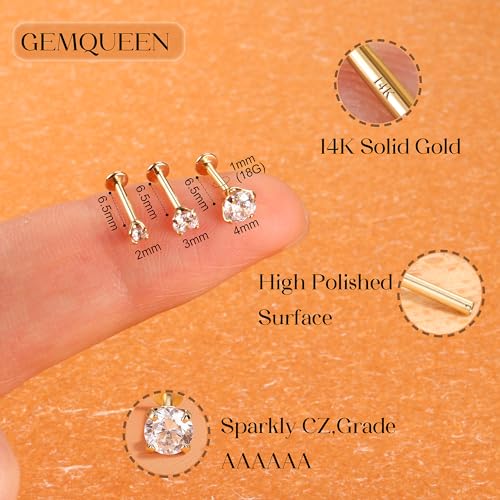 14K Solid Gold Flat Back Earring Hypoallergenic - 18G Cartilage Tragus Conch Helix Piercing Jewelry Extended Internal Thread Labret Lip Nose Stud for Women Men Simulated Diamond CZ 2/3/4mm2