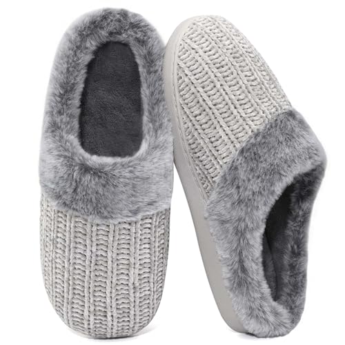shoeslocker Womens Memory Foam Fuzzy Slippers Knitted House Slippers for Women Comfy Slip On Warm Shoes Grey 3-4