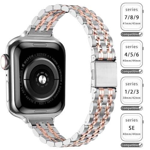 Image of QUNDAXI Slim Watch Band Compatible with Apple Watch 41mm 45mm 42mm 44mm 40mm 38mm Metal Stainless Steel Watchband Suitable for iWatch 11 /10 /9 /8 /7 /6 /5 /4 /3 /2 /1 /SE Series Women Luxury Strap