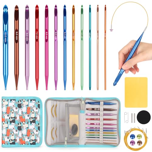 Aeelike Interchangeable Tunisian Crochet Hooks Set 12 Sizes Colorful Tunisian Crochet Hooks Set with Cables 3.0mm - 10.0mm Smooth Ergonomic Hook for Making Blanket Scarves Ideal Gift
