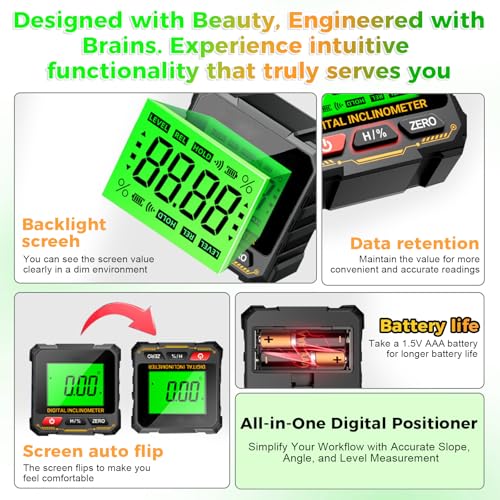 Digitaler Winkelmesser mit LCD Display und 0.05° Auflösung，für 360° Messungen als Neigungsmesser und Wasserwaage mit Magnetfuß automatischer Umkehrung und Hintergrundbeleuchtung für Bau Holzarbeiten.