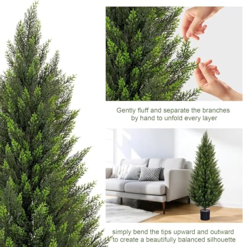 Image of VIVATREES 2Pack 3FT Artificial Cedar Trees in Pots, UV Resistant Faux Evergreen Plants for Indoor Outdoor Decoration, Modern Porch & Entryway Greenery
