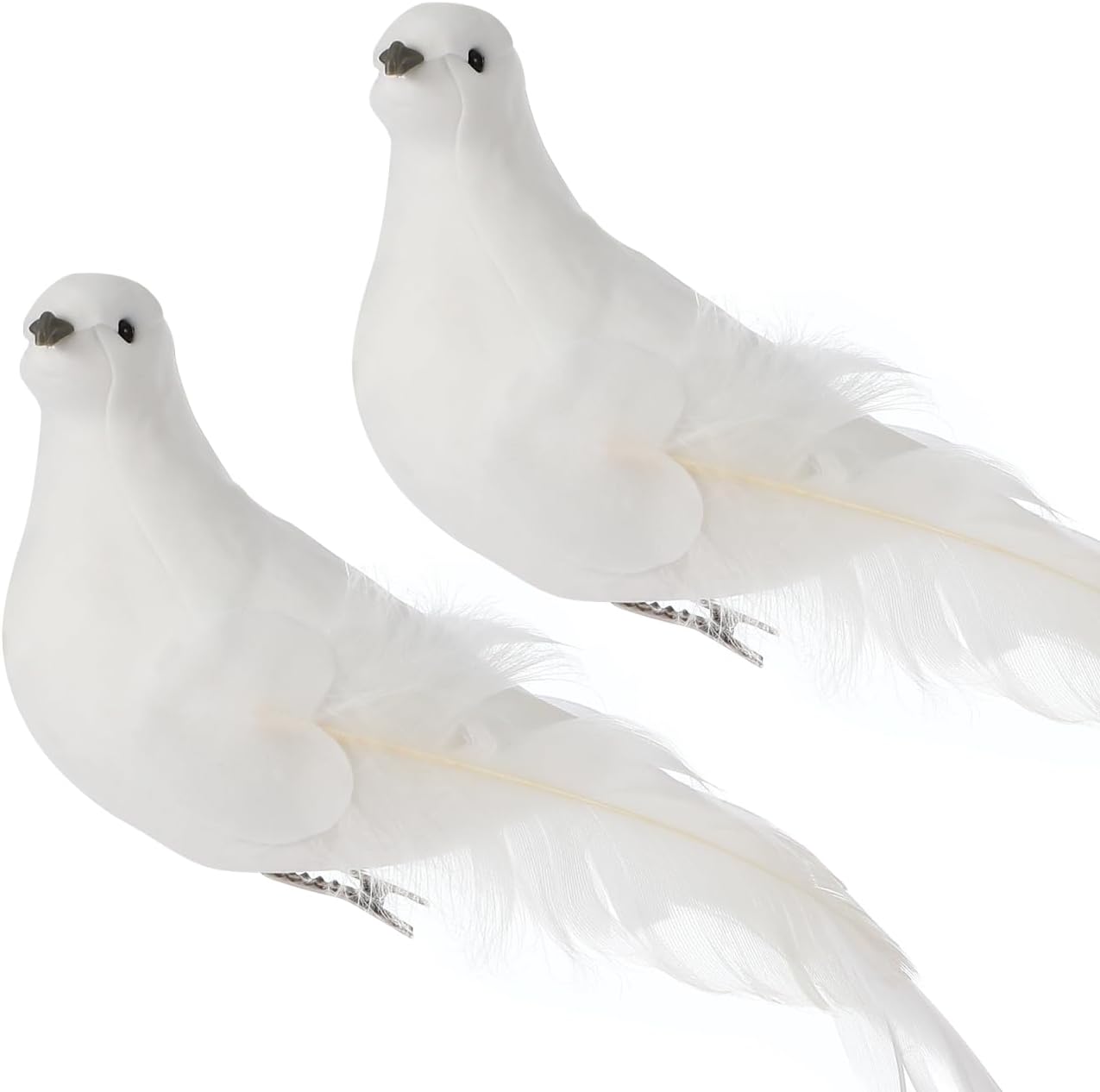 Amosfun 2pcs Artificial Birds White Pigeon Ornaments - Realistic Doves Decorative Birds with Clips for Wedding Anniversary Birthday Party Decoration Tree Ornaments