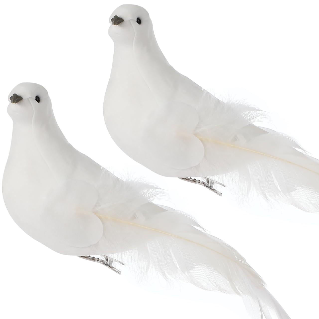 Amosfun 2pcs Artificial Birds White Pigeon Ornaments - Realistic Doves Decorative Birds with Clips for Wedding Anniversary Birthday Party Decoration Tree Ornaments