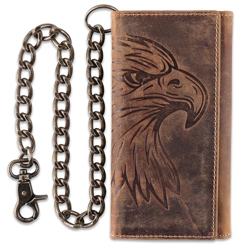 Image of F&L CLASSIC RFID Blocking Mens Tri-fold Long Style Cowhide Leather Steel Chain Wallet,brown eagle head,212-102