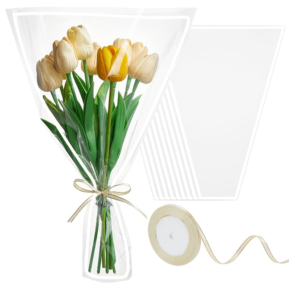 arricraft 100 Pcs Clear Flower Bags for Bouquets, Trapezoid Plastic Bouquet Bags with 22m Ribbons Floral Wrapping Bag Flower Sleeves for Wedding Mother's Day Florist Packaging Supplies 16x12Inch