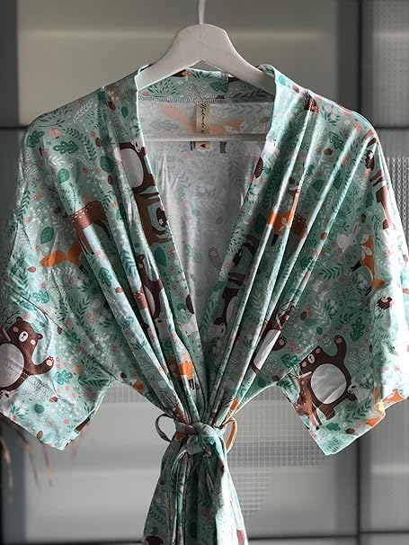 Women's Maternity Robe Baby Cap and Swaddle Set Long Sleeve Robes Mom and Baby Matching Hospital Delivery Outfits (Green Forest animal, M) - Image 6